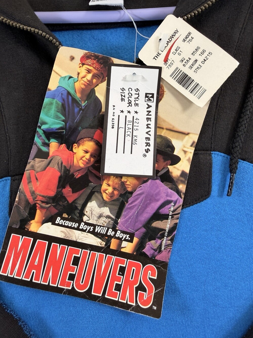 Vtg 90s Maneuvers Deadstock Boys L Sweatshirt 1/4 Zip Black Blue Colorblock NWT - Picture 2 of 16
